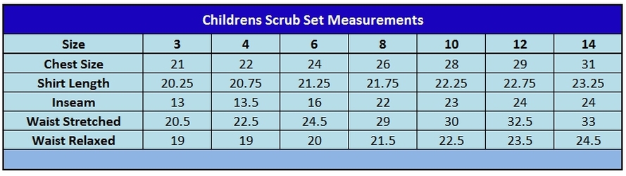 Kids Nurse Scrubs Size Chart